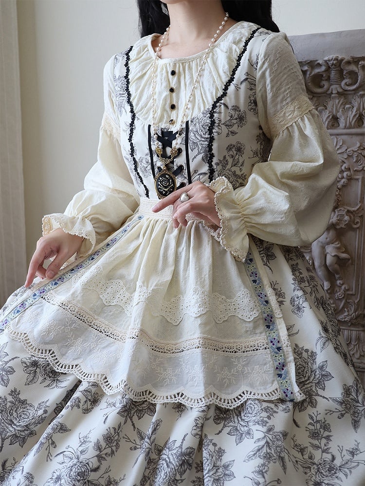 Beige & Black Rosette Print Long-sleeved Elegant Classic Lolita Dress