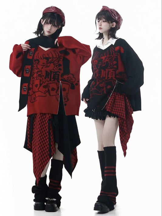 Pattern Zipper Hem Knit Sweater Girl New Loose-Fit Cartoon with Red/Black and Inspired Year