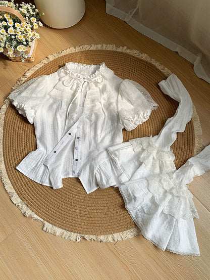 Breathable Comfortable White Puff Neckline Ruffle Short and Sleeves Shirt