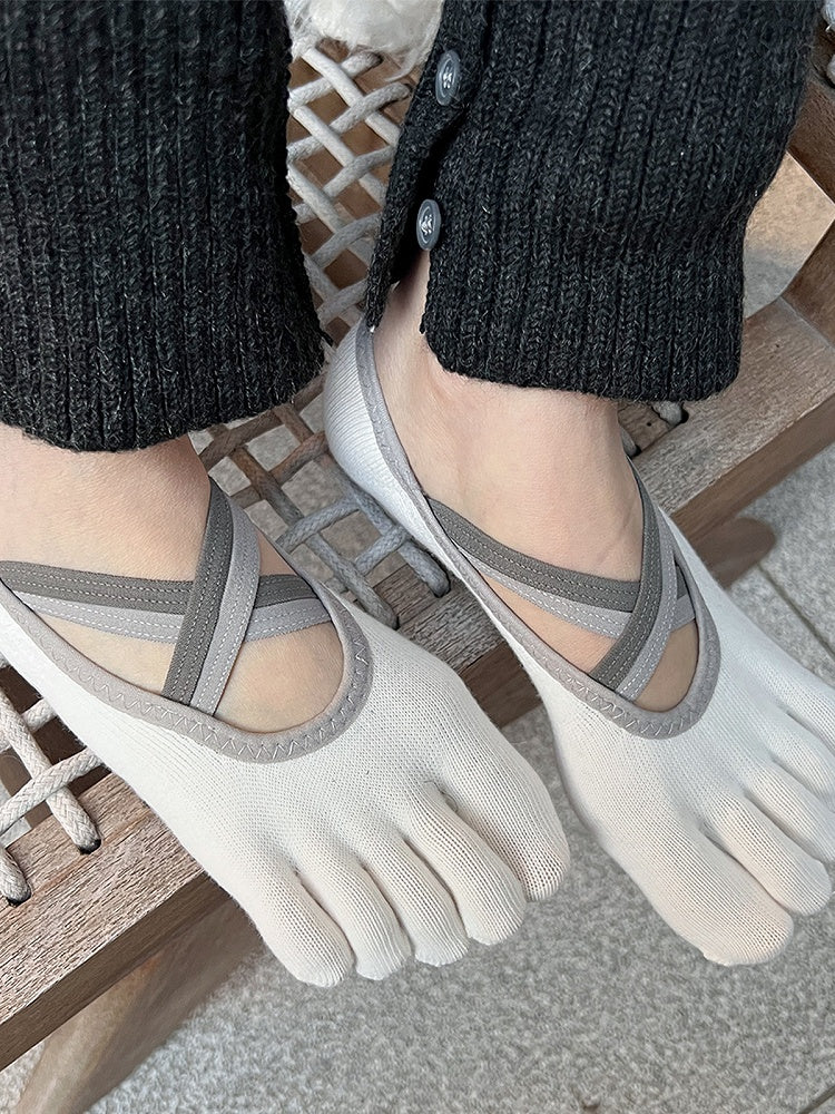 Non-Slip Colors) Five-Toe Yoga Criss-Cross Straps (2 Socks with