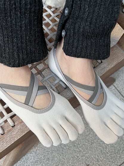 Non-Slip Colors) Five-Toe Yoga Criss-Cross Straps (2 Socks with
