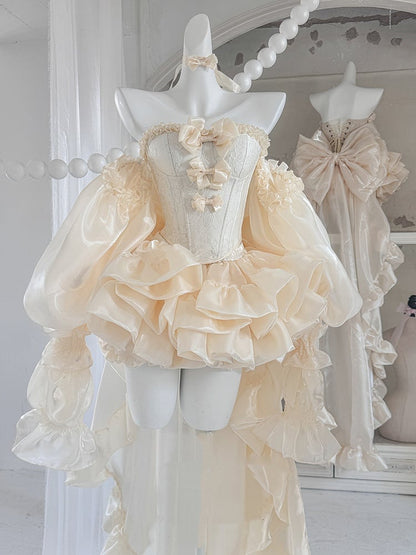 Set Balletcore + Full Top Train Big Bow Sleeves Skirt Corset Gold Lace-up