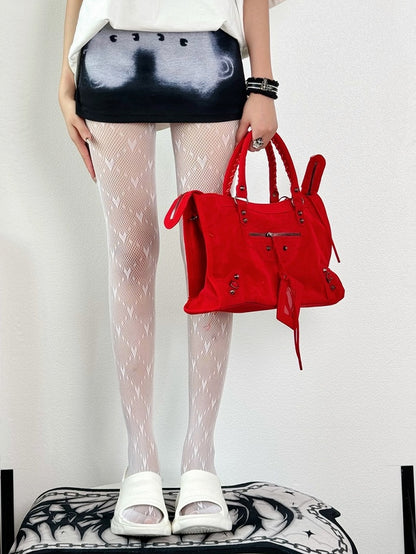 Y2K Details Pattern Diamond Black/White Tights Heart