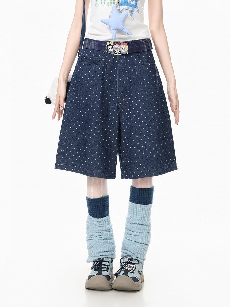 Dark Blue Wide Leg Denim Shorts with Polka Dot Pattern - Languid Park
