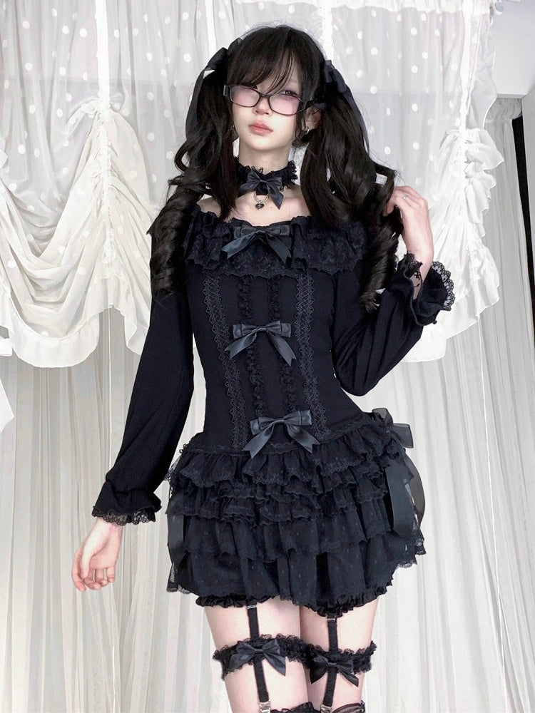 Autumn Dark Fashion Long-Sleeve Top with Black Lace & Bow Decor Plus Matching Choker - HBreaker