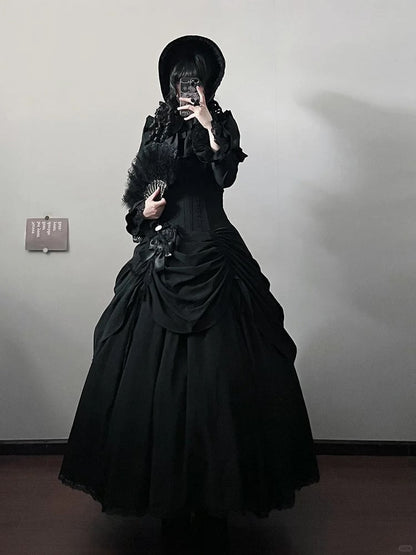 Skirt Boned Lolita High Black Gothic Victorian Drawstring Aristocrat Waist