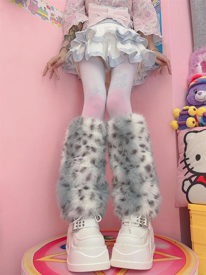 イエロー/ダスティブルー レオパード シャギー レッグウォーマー