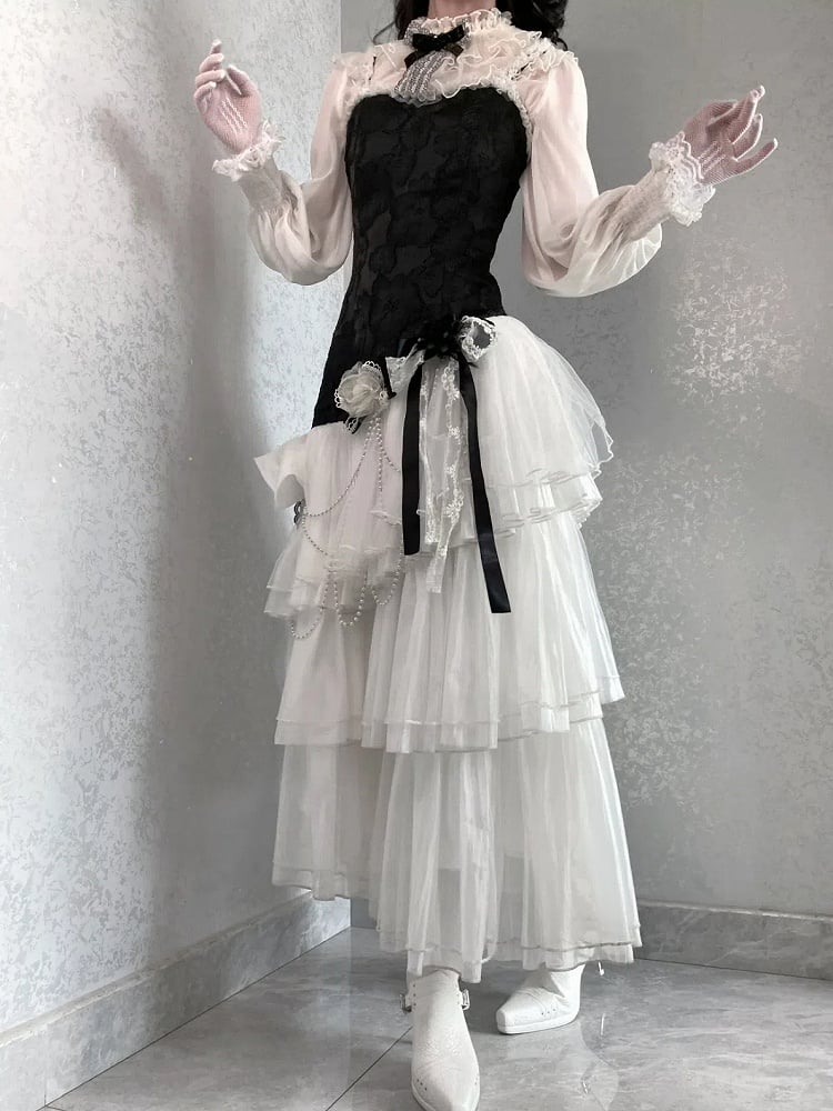 クラシックなJSK、エレガントなレイヤードフルチュール、スリムボディス、ジャカードヘム、ホワイトロリータ、ブラックフィット、フローラルセット
