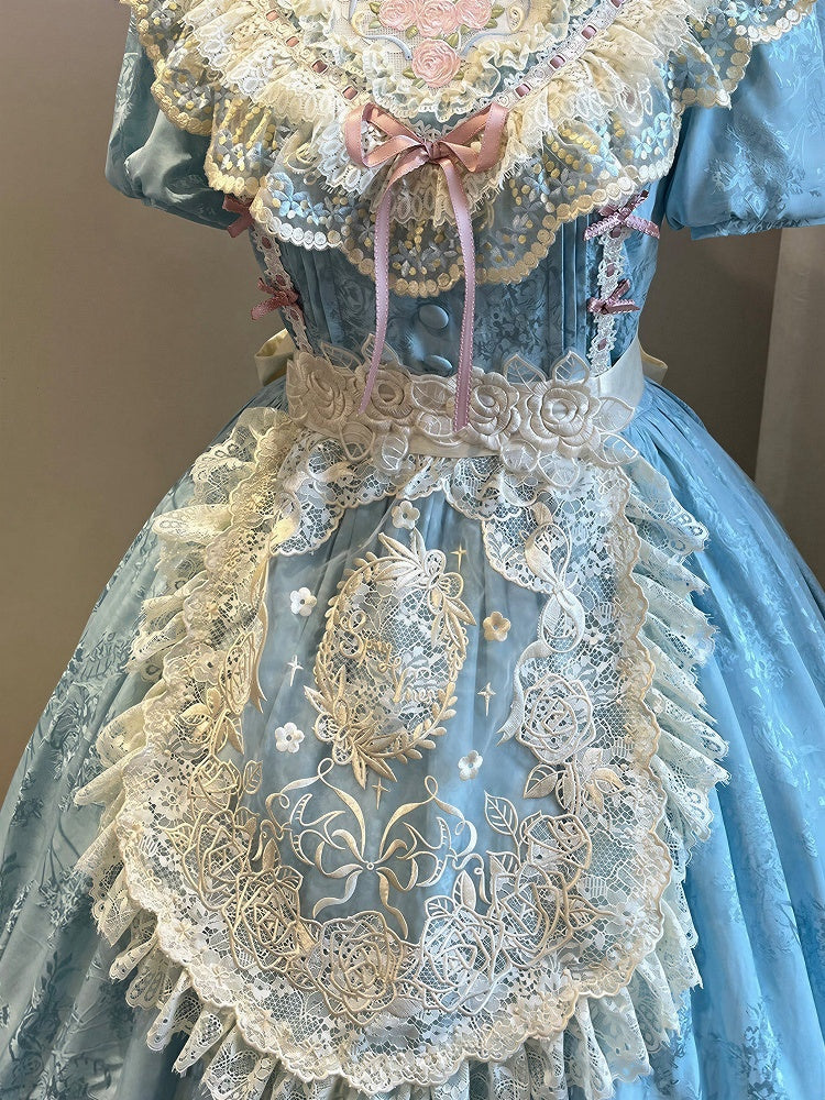 Beige Lace Trim Floral Embroidery Sheer Apron