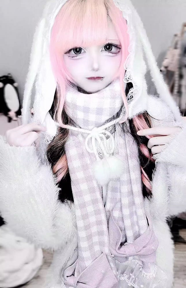 Bunny Ears Plush Hat with Self-tie Pompon Straps and Pin Details White