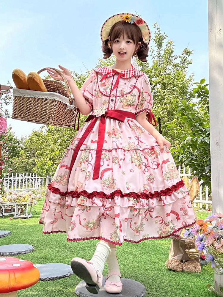 Lolita-Kleid mit Printärmeln und kurzem Teddy-Kleid, Erdbeerrosa