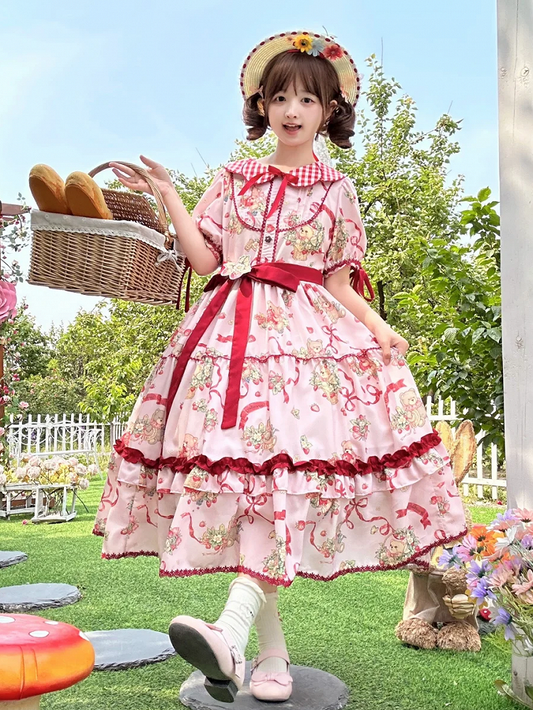 Kleid Teddy Lolita und Ärmel Erdbeere Kurz Rosa Print