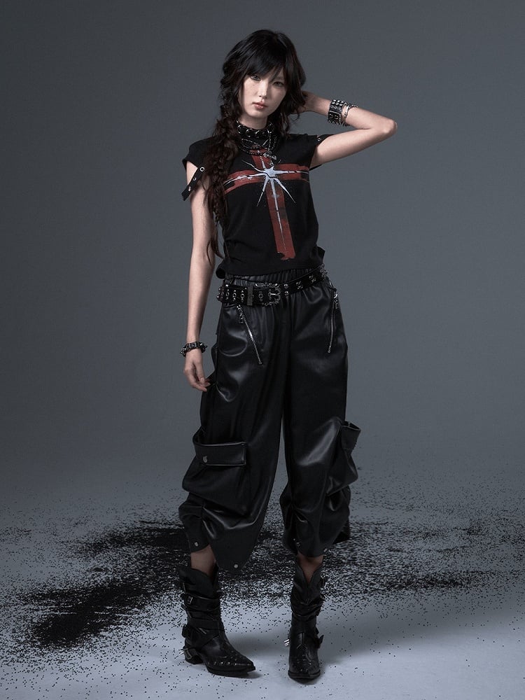 Black Zipper Decorative Mid-length Punk Rock Pants Wide-leg PU -