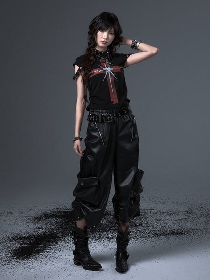 Black Zipper Decorative Mid-length Punk Rock Pants Wide-leg PU -