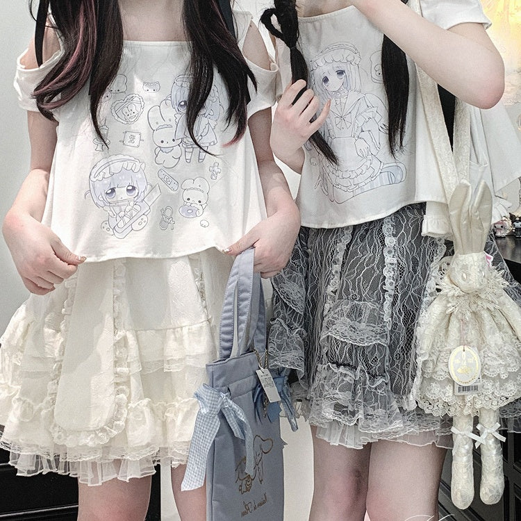 Yami Kawaii Cartoon Print Cutout Shoulder White Jirai Kei T-shirt