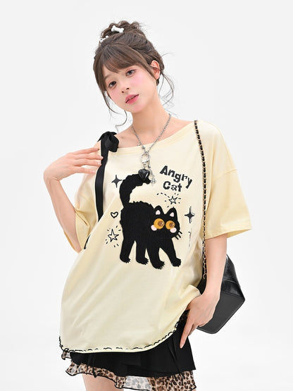 ホワイト/ベージュ 猫柄 レタス裾Tシャツ