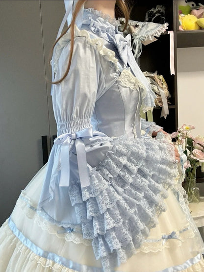 Lace Sleeves Blouse Cotton Bell Gorgeous Layered Lolita Blue