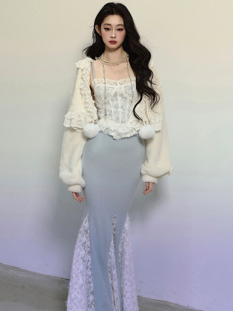 ブルークロシェレースコルセットボディスレースパッチワークマーメイドスカートマキシドレス