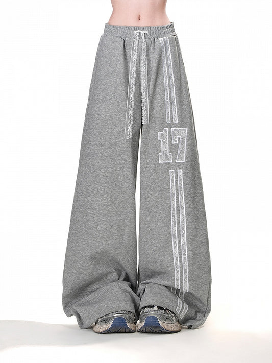 Gray Elastic Waist Lace Wide-Leg Drawstring Sports Pants Waist