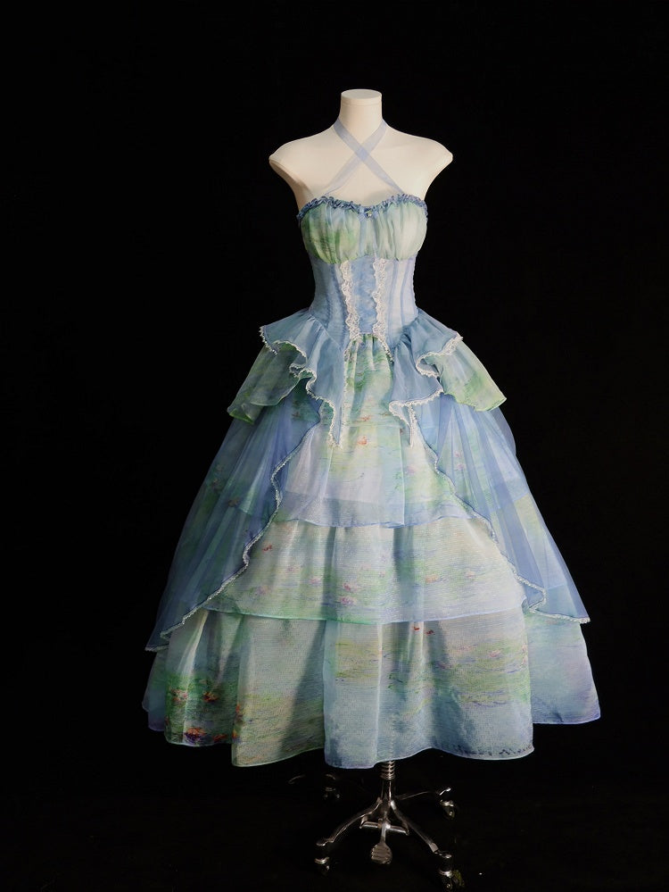 Sky Organza Tiered Skirt Blue/Light Pink/Purple/Green Oil Painting Print