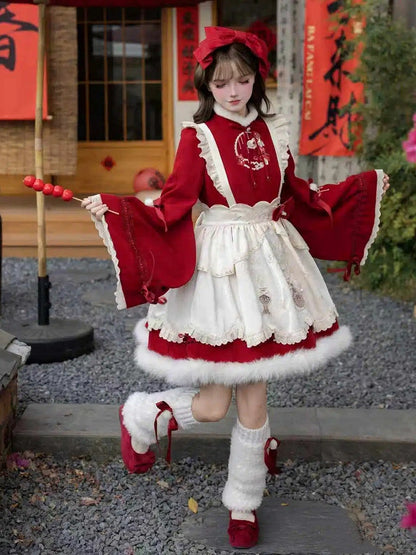 Lolita Apron Bow Han Pins Warmers + Floral Leg Red KC Brooch OP Embroidery