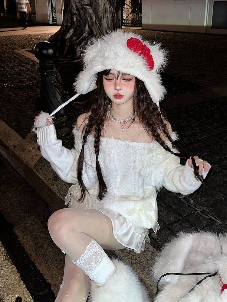 Cozy White Off-Shoulder Sweater with Bow Accent