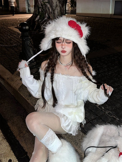 Cozy White Off-Shoulder Sweater with Bow Accent