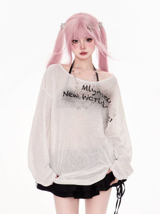 ホワイトレタープリントのカバーアップ セミシースルーネックライン アシンメトリー