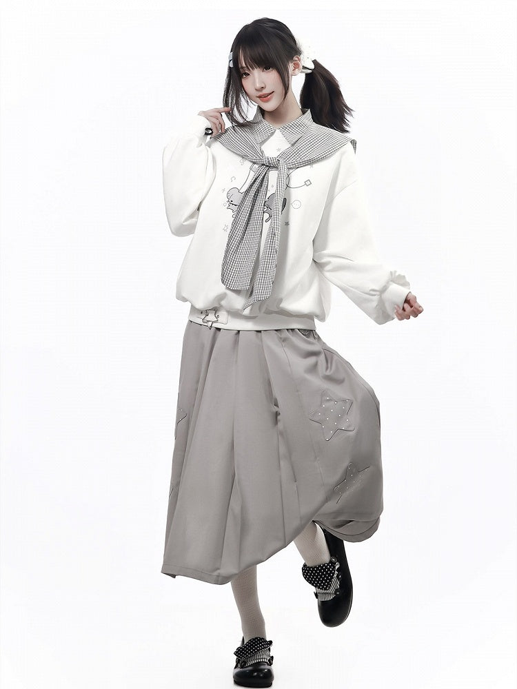 Kawaii Gray Pleated Long Skirt with Star Patch Accents - PINK SAVIOR