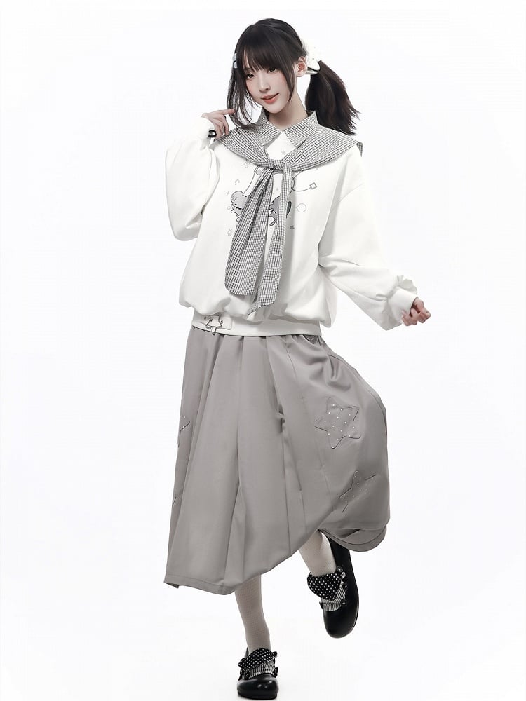 Kawaii White Crewneck Mouse Print Sweatshirt Plaid Shawl Set - PINK SAVIOR