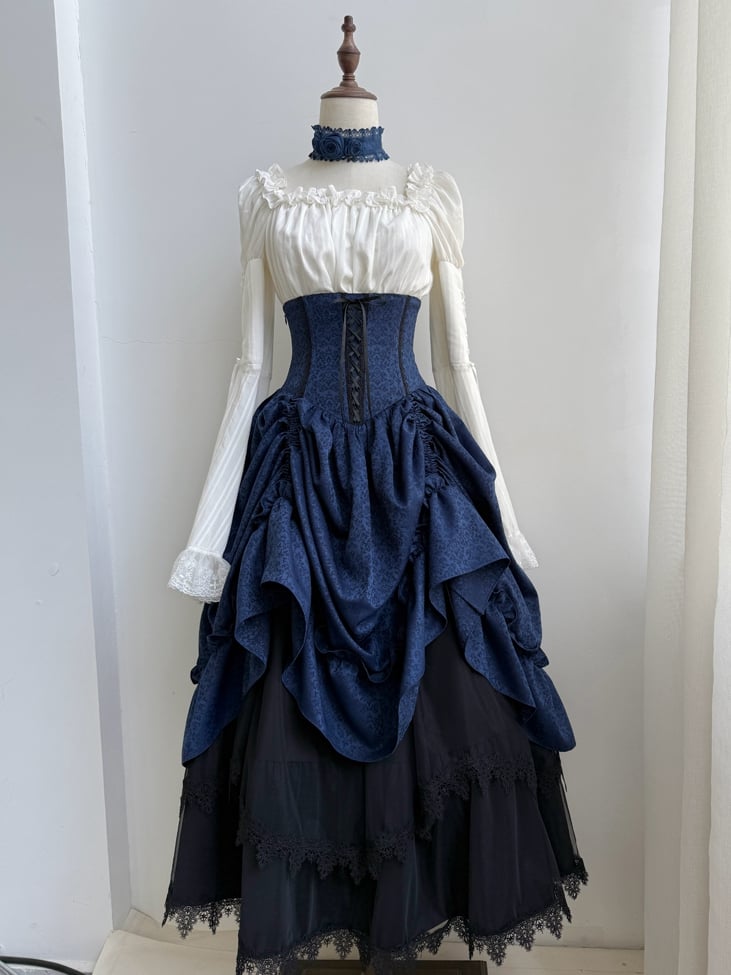 Boned Dark Lolita Bust Gothic High Skirt Blue Drawstring Waist Under