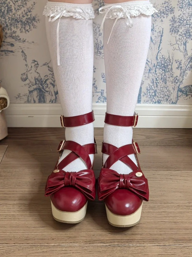 Grain PU Wood Mary at - Red with Janes Top Sole Bow Crisscross Sweet Straps Platform Lolita