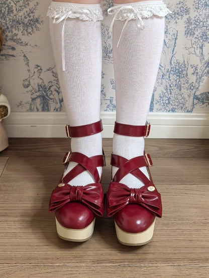 Grain PU Wood Mary at - Red with Janes Top Sole Bow Crisscross Sweet Straps Platform Lolita