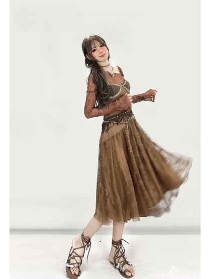 Millard Fashion Wasteland Punk Vintage Brown V-neck Floral Trim Glamorous Cami Dress With Overlay