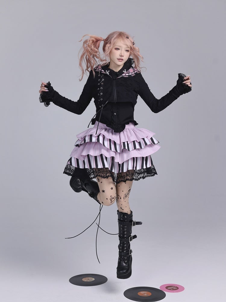 Hime Gyaru Tiered Pink & Black Striped Skirt with Musical Note Embroidered Lace Hem