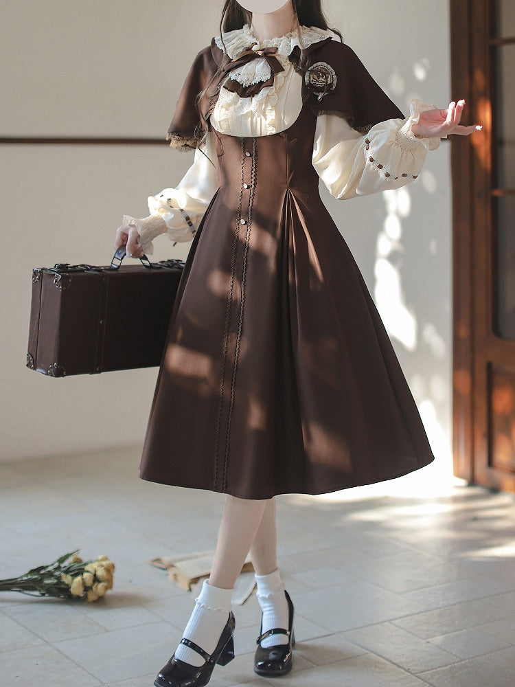 Lolita Two-Piece Brown Elegance OP: with Faux Cape Academic Detachable Vintage