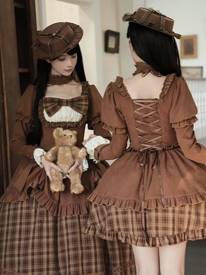 Autumn Hat Bows + Lollita OP Elegant Choker Set Version Short Coffee Detachable -