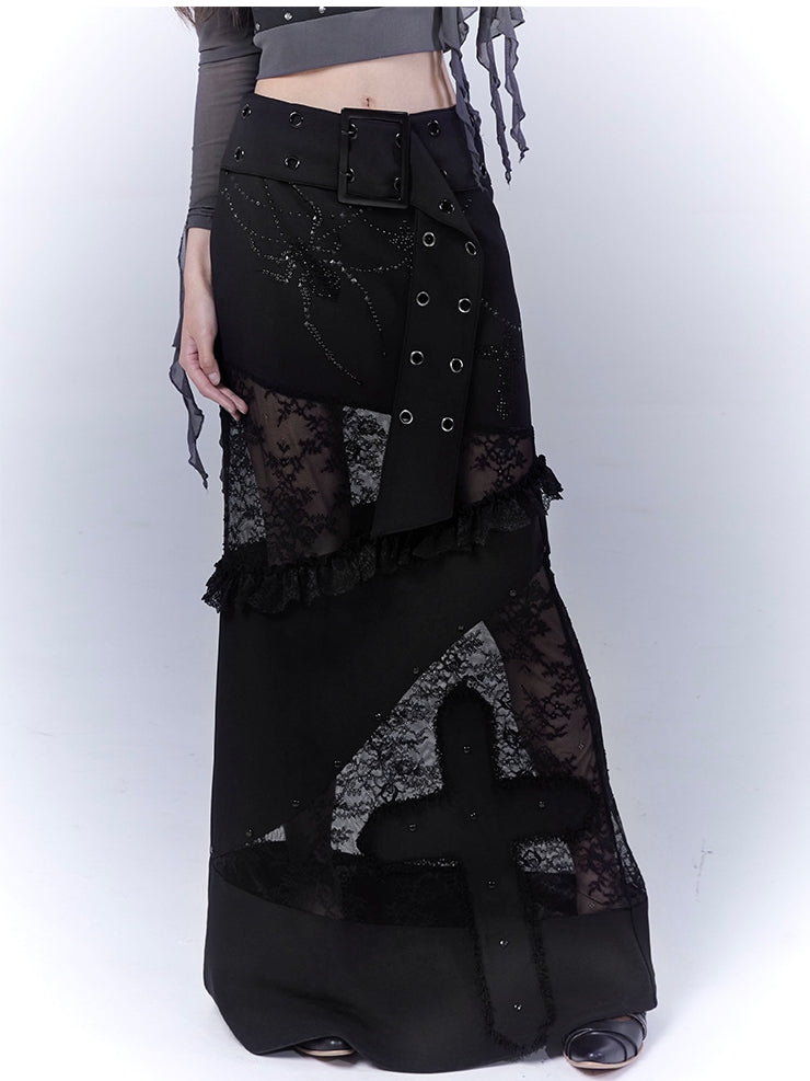 with Waist Lace Patches Cross Punk Belt Applique Buckle Skirt Black Low