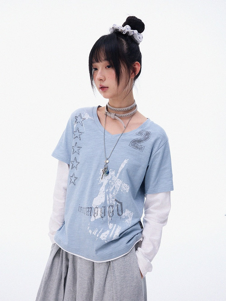 Dusty Blue Fake Two-Piece V-Neck Long Sleeve Tee with Print - innomoood