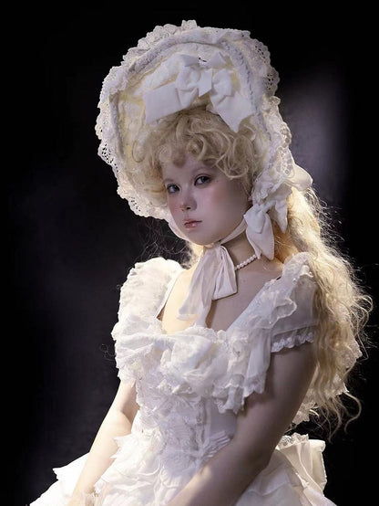 Trimmed Accents Lolita Bow Lace White with Bonnet