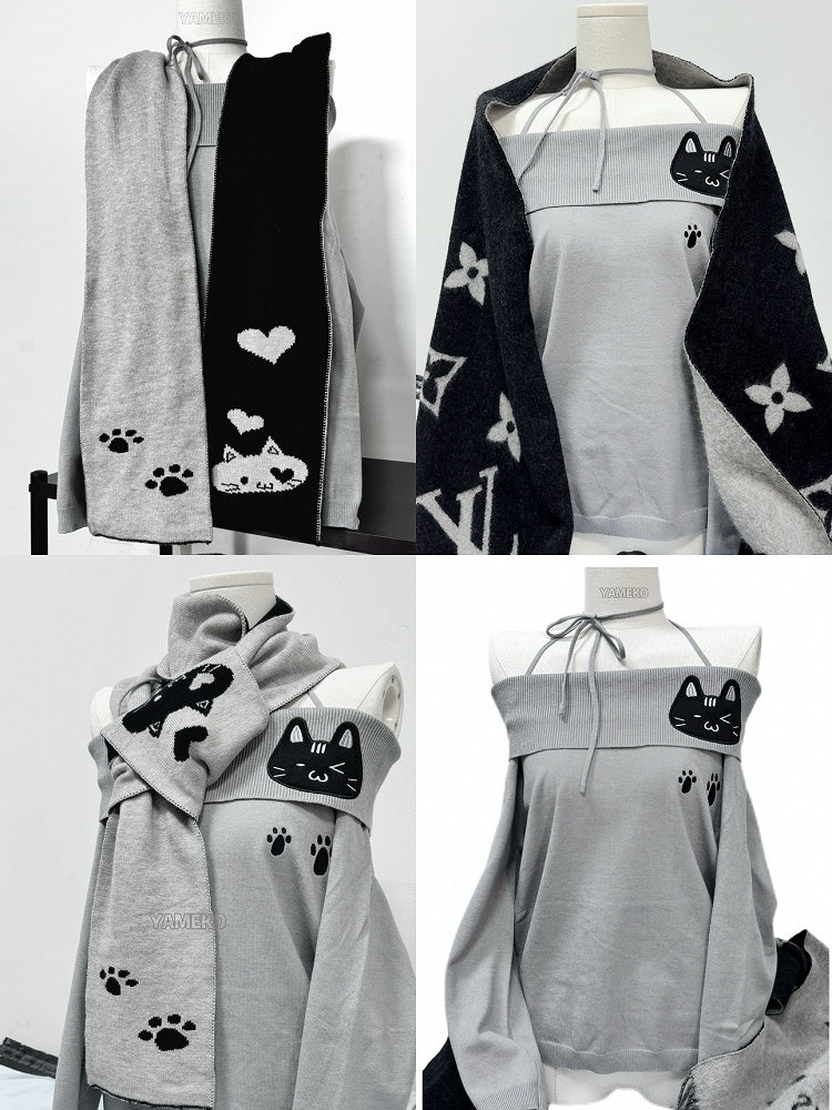 Paw with Off-the-Shoulder and Gray Embroidery Sweater Kitten