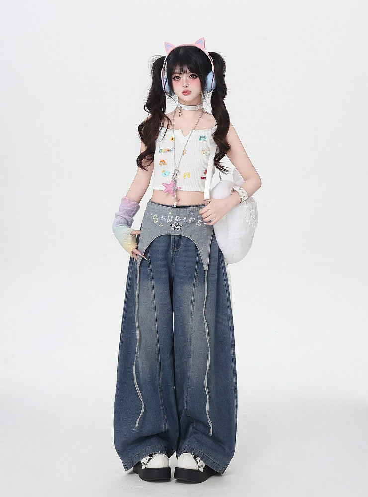 Blue Low Waist Wide-leg Jeans with Letter Embroidery