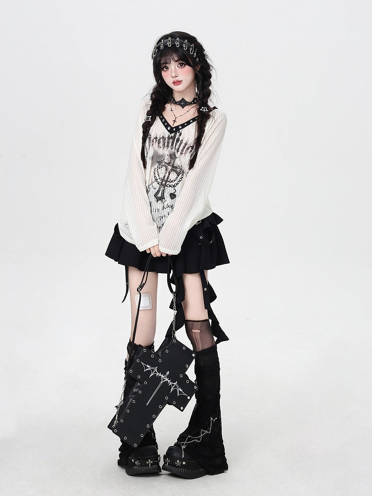 Metallic Semi-Sheer Neckline Print Apricot Top with Punk Graffiti - Eyelet