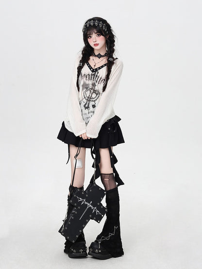 Metallic Semi-Sheer Neckline Print Apricot Top with Punk Graffiti - Eyelet