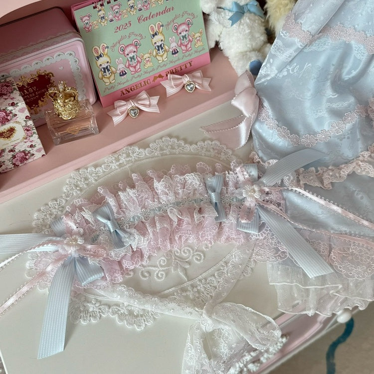 Design Ruffled Hairband Pink/PinkBlue Floral Details Bowknot