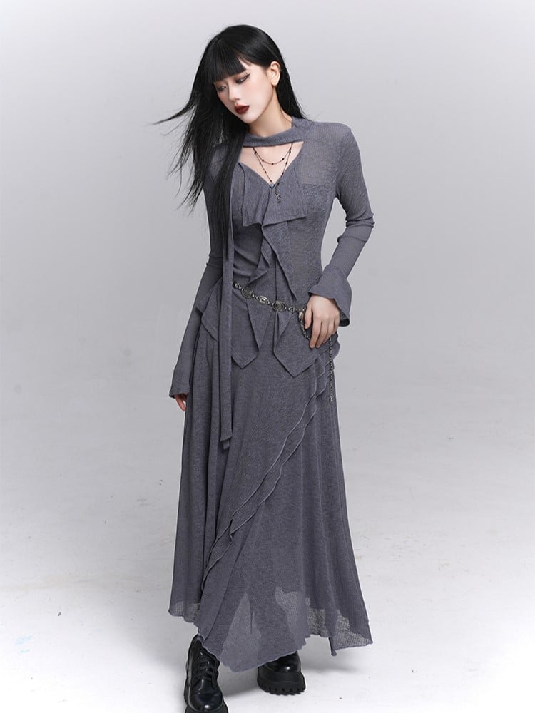 Elastic with Wave Cascading Waist Gray Detail Gothic Maxi Skirt