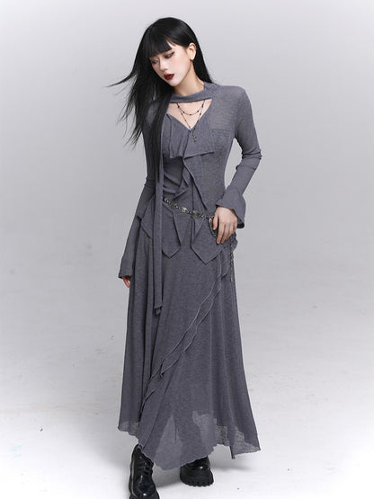 Gray Gothic V-Neck Top with Elegant Ruffle Front & Attached Neck Strap - Lady Ghost