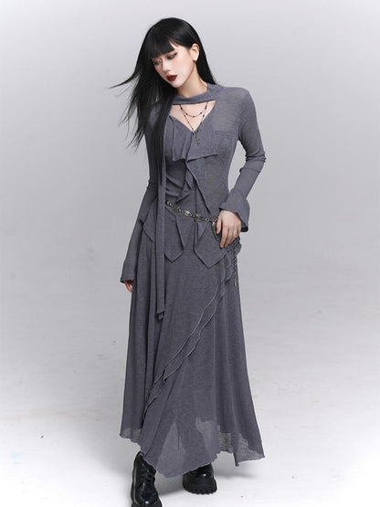 Elegant Gray Ruffle Gothic Front Attached with Neck Top V-Neck