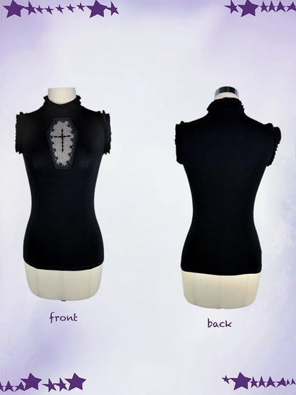 ブラック モックネック 棺型カットアウト ゴシック ノースリーブ トップス