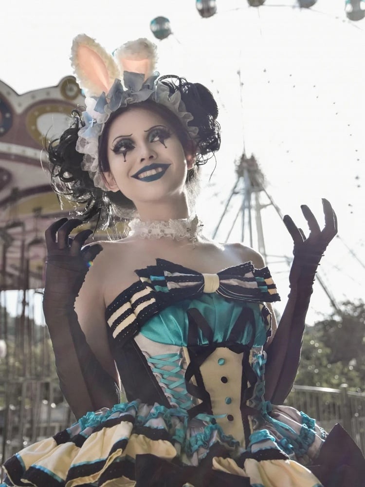 Pink Boned Basque Waist Puffy Dress with Bowknots and Big Padded Heart